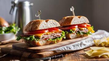 two large sandwiches with a meat and vegetable section, photo