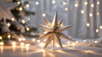 the star christmas tree ornament is covered in warm yellow lighting, photo