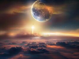 moon rising over the clouds at sunset, photo