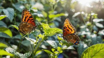 two butterflies standing next to one another in a field, photo