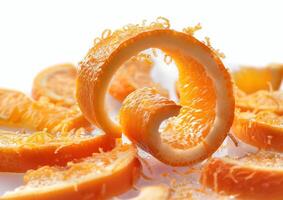 someone cut in slices using an orange peel, photo