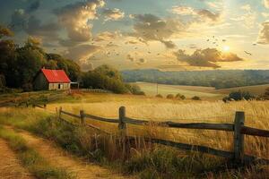 field with barn and fence on top at sunset, photo