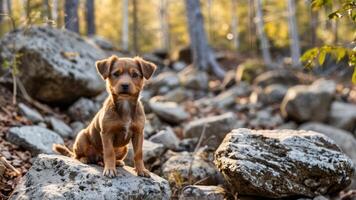 small brown dog standing on top of some large rocks, photo