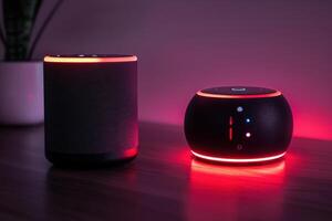 an alexa bluetooth speaker is seen on top of a desk, photo