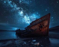 an old broken boat laying in the sand, photo
