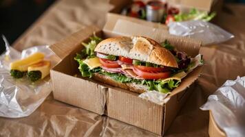 a sub sandwich sits in its lunch box, photo