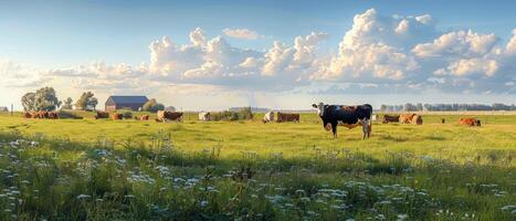 several cows grazing on a field in the sunset, photo