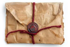 the waxed letter is wrapped in brown paper and sitting on strings, photo