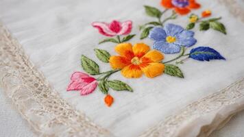 an embroidered cloth with embroidered flowers and other leaves, photo