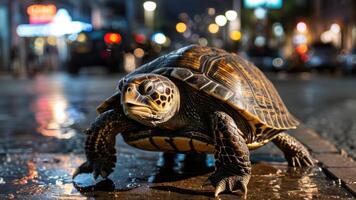 a turtle walking across the pavement on the night, photo