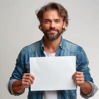 the man is holding up a white piece of paper, photo
