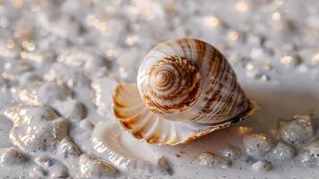 a shell on sand with water drops, photo