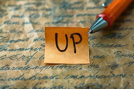 an upside note next to a pen with the word up written on it, photo