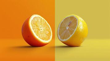 two orange halves facing off with one half cut in, photo