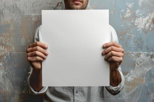 a man in sunglasses holding up an empty piece of paper, photo