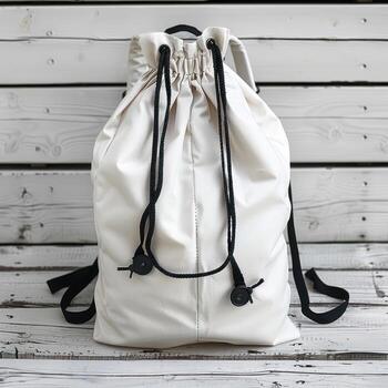 someone's large, white canvas backpack that is full of stuff, photo