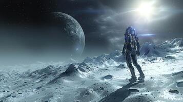 man with futuristic suit on standing in snow on planet, photo