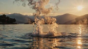 a splash from a plume of water into the lake as it rises, photo