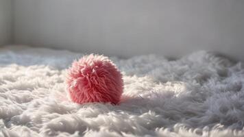 pink fluffy ball on white fluffy blanket near window, photo