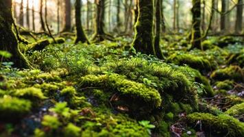 a mossy forest with lots of green leaves, photo