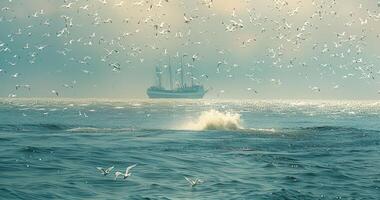 a large boat being lifted out in the ocean surrounded by lots of seagulls, photo