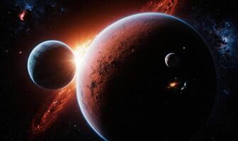 planets and a satellite in space with stars, photo