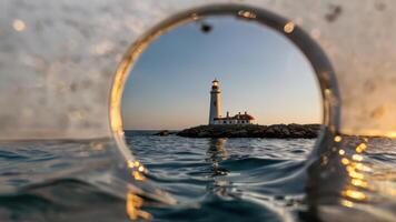 a lighthouse on an island surrounded by waves, photo
