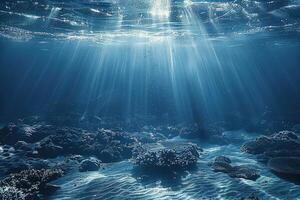 a beach under water with very deep blue sea, photo
