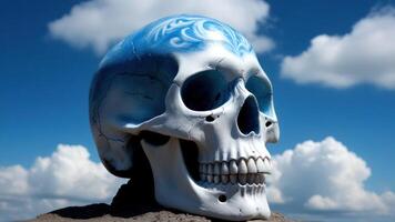 a painted skull is standing out on a mountain, photo