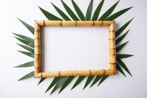 leaves around an empty frame made from bamboo tubes, photo