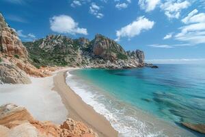 a sandy beach under many rocky cliffs on the shoreline, photo