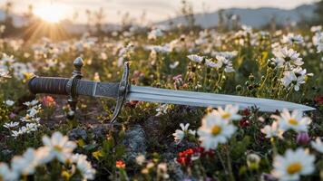 two black swords are on display among the flowers, photo