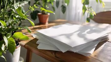 folded papers on a table next to plants, photo