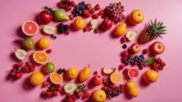 mixed fruits arranged in a circle on a pink counter, photo