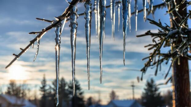 icicles hanging from an icy thin tree branch, photo