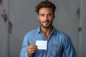 a man standing, wearing clothes and holding up a business card, photo