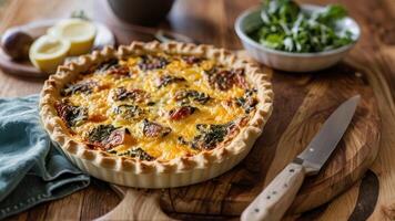 the table was divided into three different sections with a very tasty looking quiche, photo