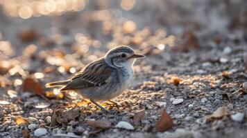 a bird sitting on the ground in front of some leaves, photo