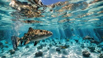 a large fish is beneath the water in a pool, photo