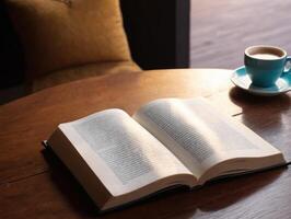 an opened book and cup of coffee on top of table, photo