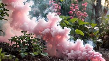 pink smoke clouds on the ground with many bushes and bushes behind it, photo