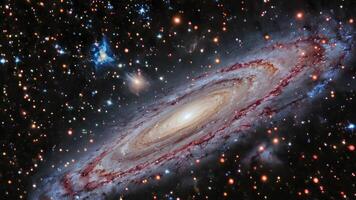 the large spiral galaxy or ngc is surrounded by bright blue and red, photo