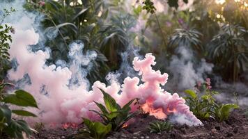 smoke rising from the ashes and surrounding pink flowers, photo