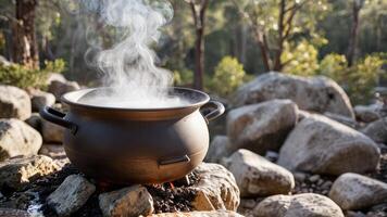 a campfire with steaming smoke on rocks and fire, photo