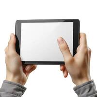 two hands holding and pointing at an electronic device, photo