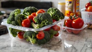 two clear containers filled with tomatoes and broccoli, photo