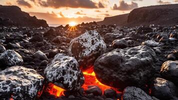 volcanic mountains are covered by dark lava rocks, photo