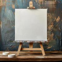 the easel is next to a canvas with paint and brushes, photo