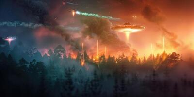 space ship in front of fog covered trees, photo