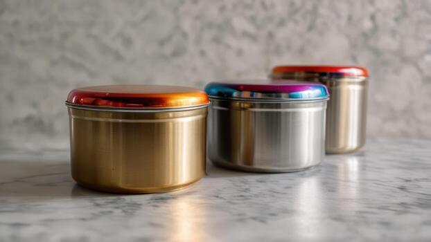 three tins with lids by a table top, photo